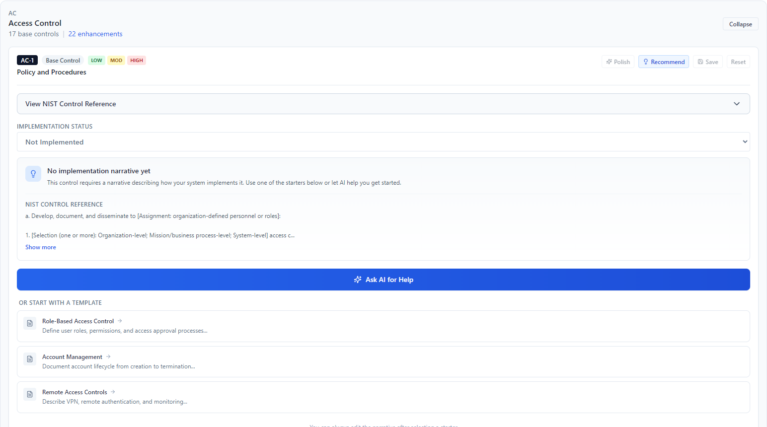 Screenshot of Complinist control narrative editor feature for NIST 800-53 compliance